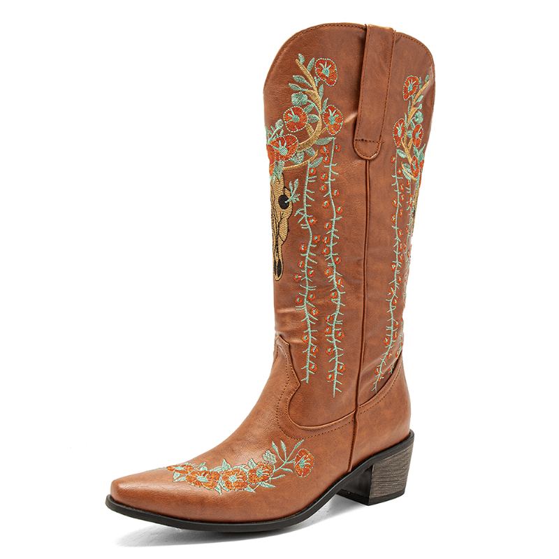 Kvinnor Retro Blommor Djurbroderi Läder Spets-toe V-cut Chunky Heel Mid-calf Knight Boots