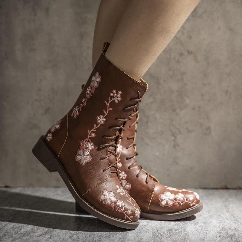 Kvinnor Retro Blommor Med Tryck Mid Calf Boots