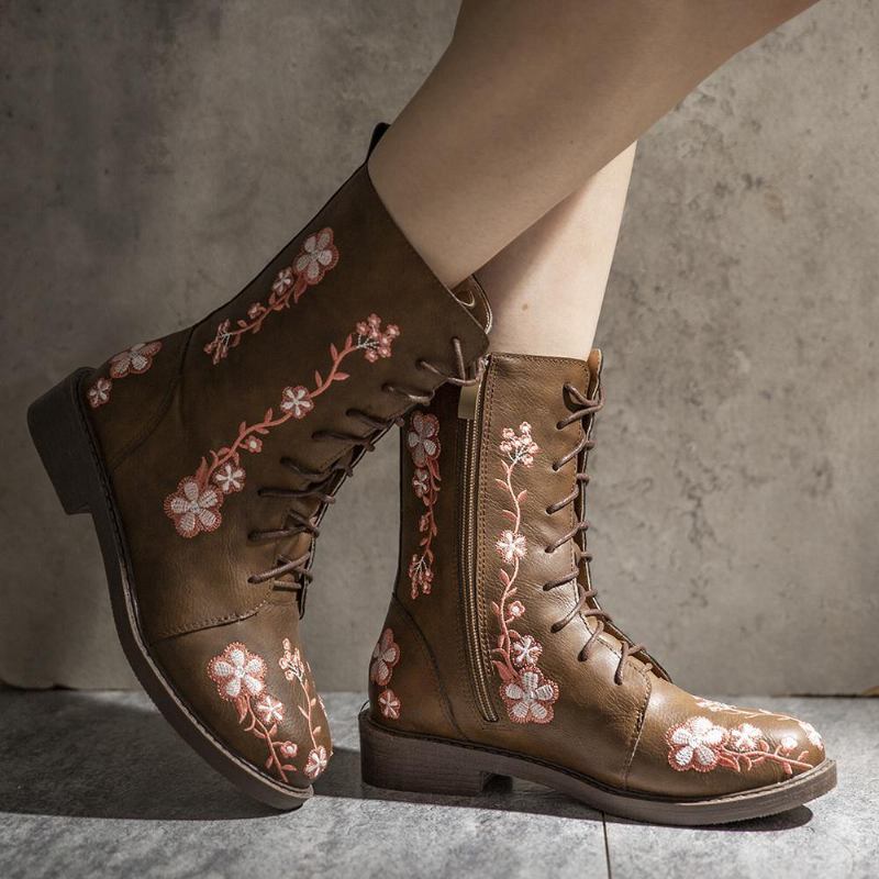 Kvinnor Retro Blommor Med Tryck Mid Calf Boots