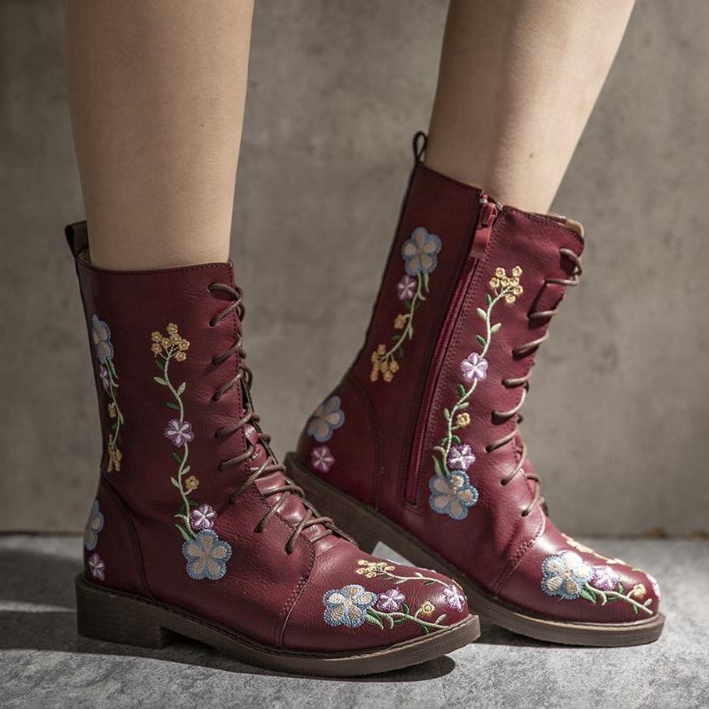 Kvinnor Retro Blommor Med Tryck Mid Calf Boots