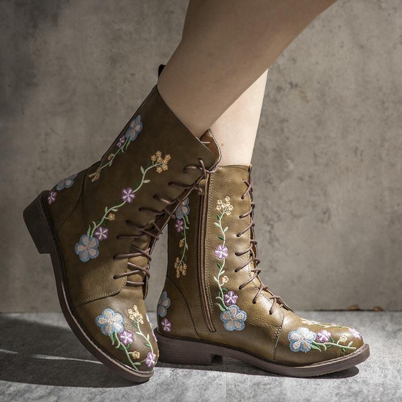 Kvinnor Retro Blommor Med Tryck Mid Calf Boots