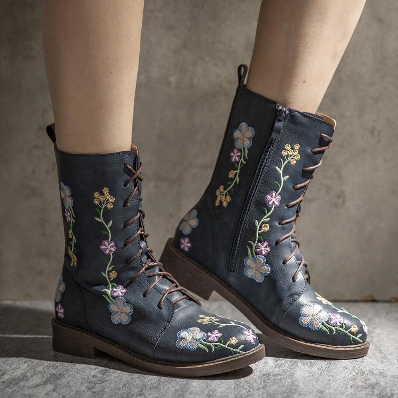 Kvinnor Retro Blommor Med Tryck Mid Calf Boots