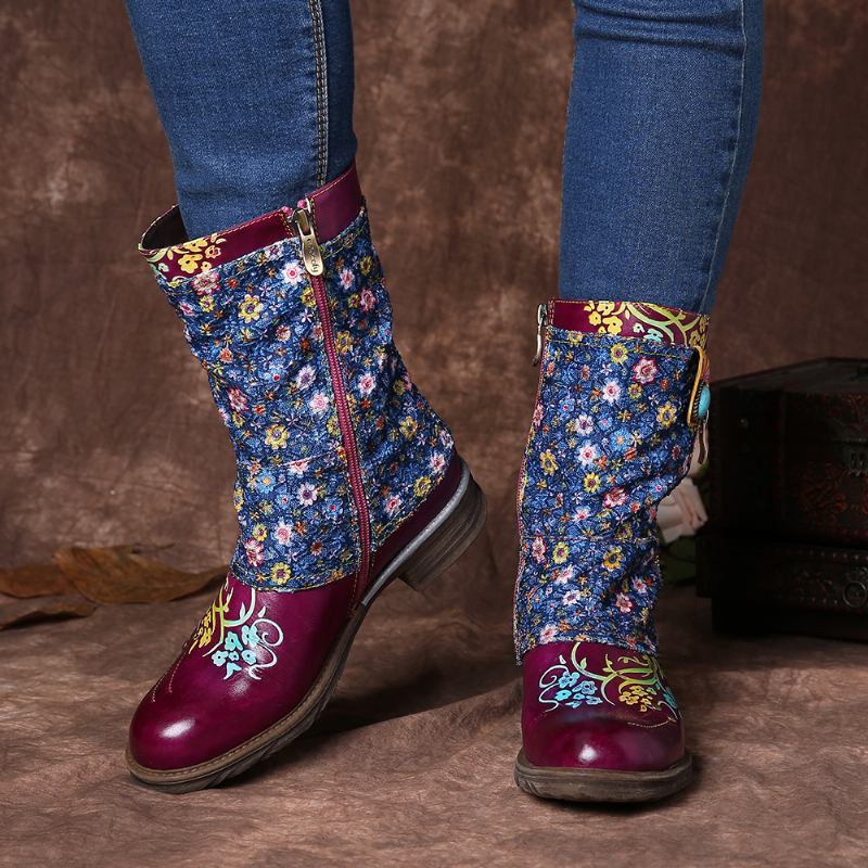 Kvinnor Retro Blommor Mönster Sömmar Blixtlås Flat Boots