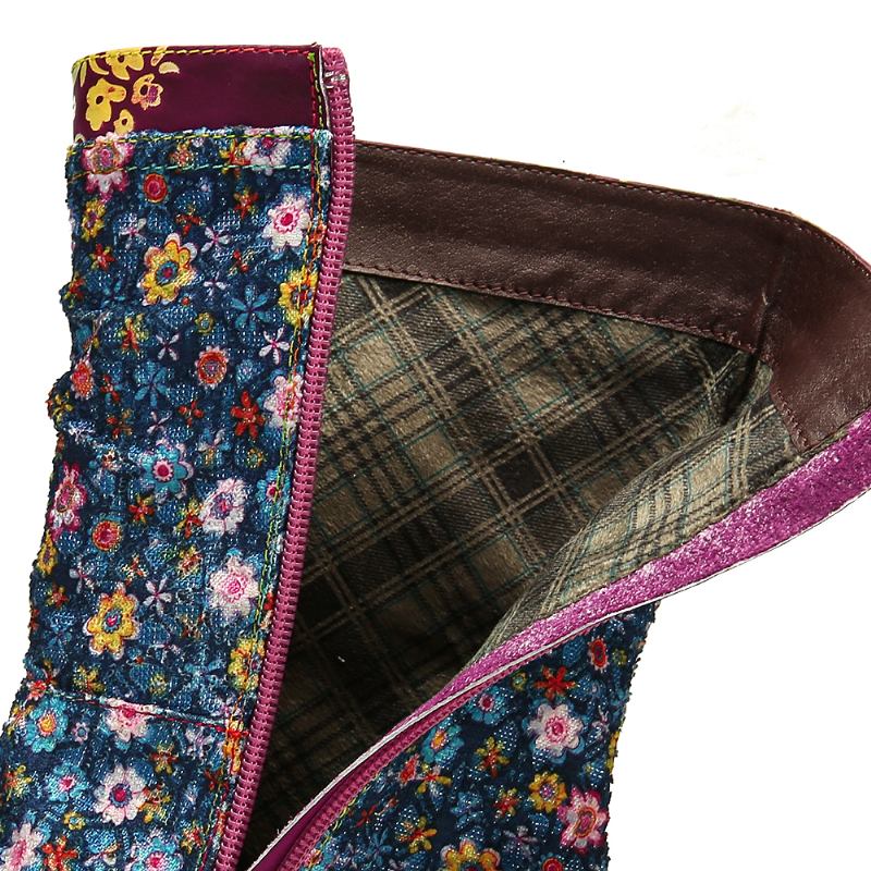 Kvinnor Retro Blommor Mönster Sömmar Blixtlås Flat Boots