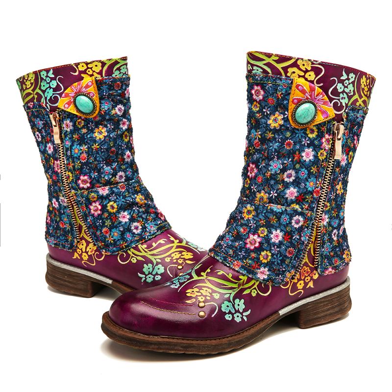 Kvinnor Retro Blommor Mönster Sömmar Blixtlås Flat Boots