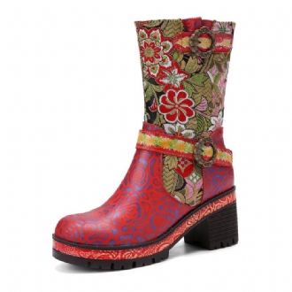 Kvinnor Retro Blomstertryck Läder Mjuka Chunky Klackskor Mid-calf Boots