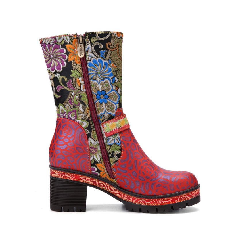 Kvinnor Retro Blomstertryck Läder Mjuka Chunky Klackskor Mid-calf Boots