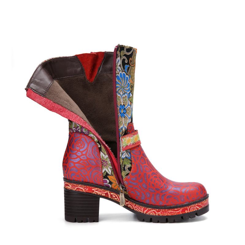 Kvinnor Retro Blomstertryck Läder Mjuka Chunky Klackskor Mid-calf Boots