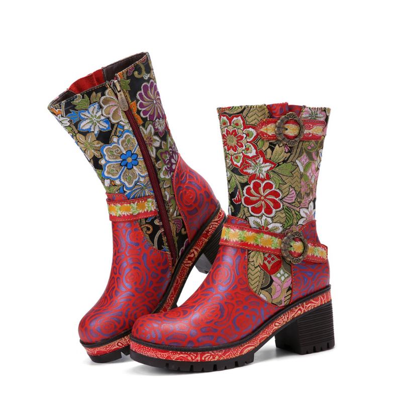 Kvinnor Retro Blomstertryck Läder Mjuka Chunky Klackskor Mid-calf Boots