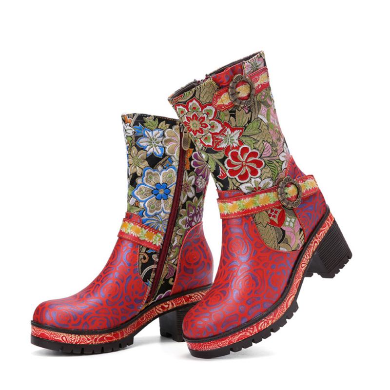 Kvinnor Retro Blomstertryck Läder Mjuka Chunky Klackskor Mid-calf Boots