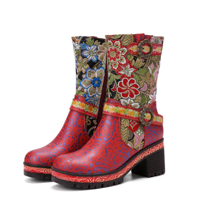 Kvinnor Retro Blomstertryck Läder Mjuka Chunky Klackskor Mid-calf Boots