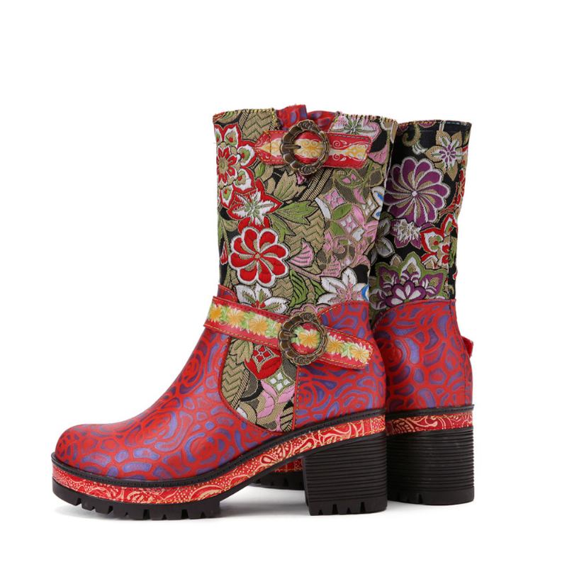 Kvinnor Retro Blomstertryck Läder Mjuka Chunky Klackskor Mid-calf Boots