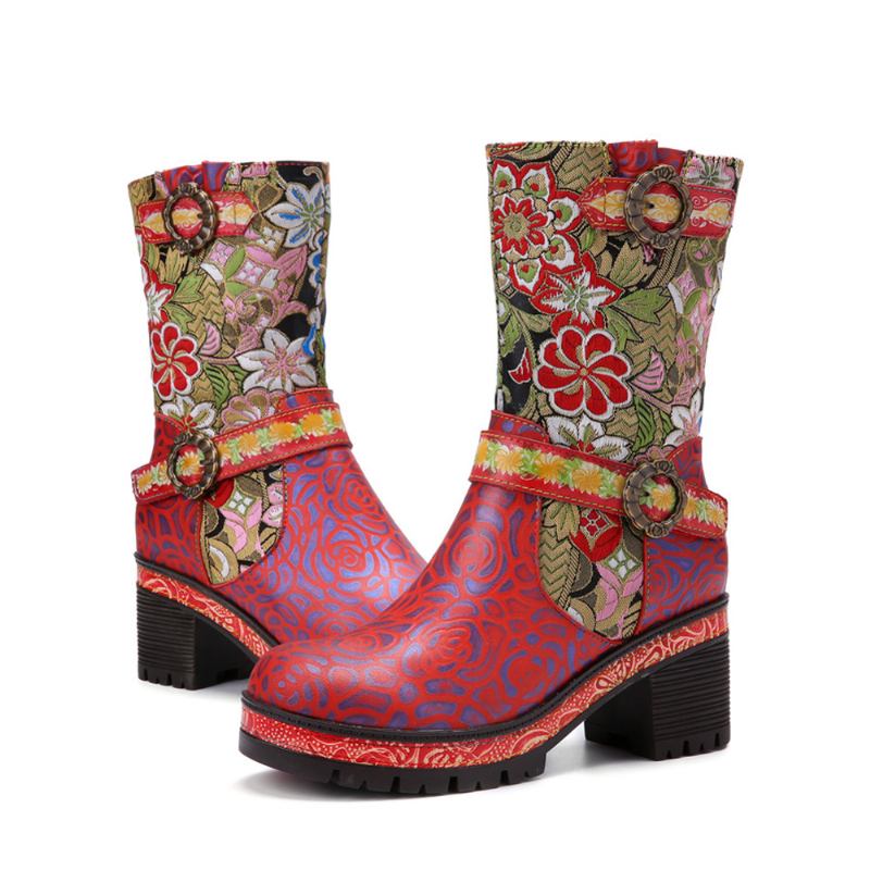 Kvinnor Retro Blomstertryck Läder Mjuka Chunky Klackskor Mid-calf Boots