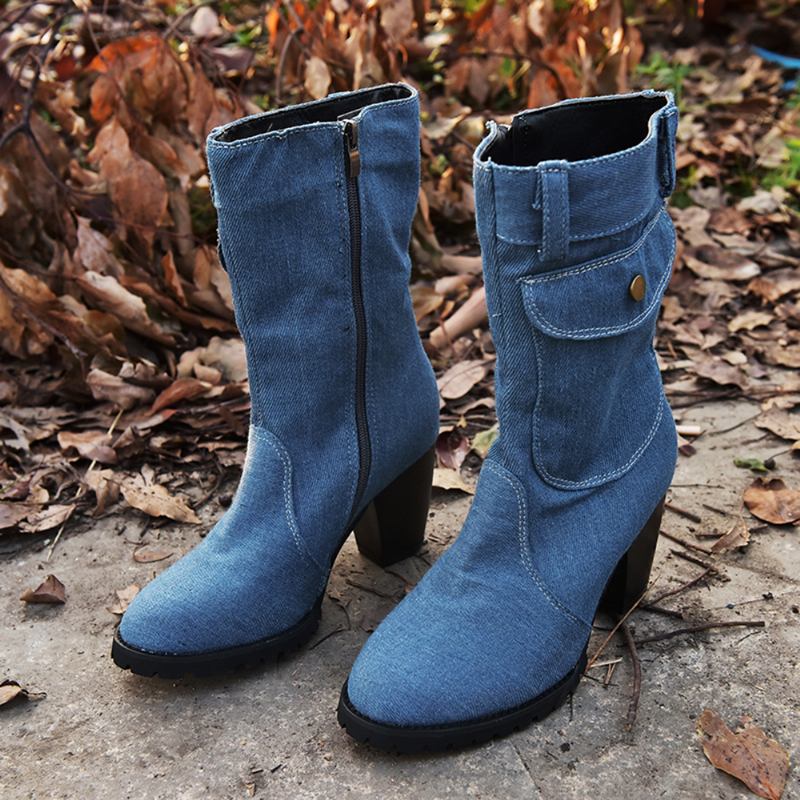 Kvinnor Retro Denim Tyg Sida Zip Bag Dekor Chunky Heel Mid Calf Boots