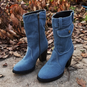 Kvinnor Retro Denim Tyg Sida Zip Bag Dekor Chunky Heel Mid Calf Boots