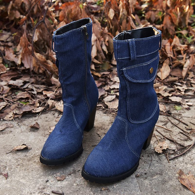 Kvinnor Retro Denim Tyg Sida Zip Bag Dekor Chunky Heel Mid Calf Boots