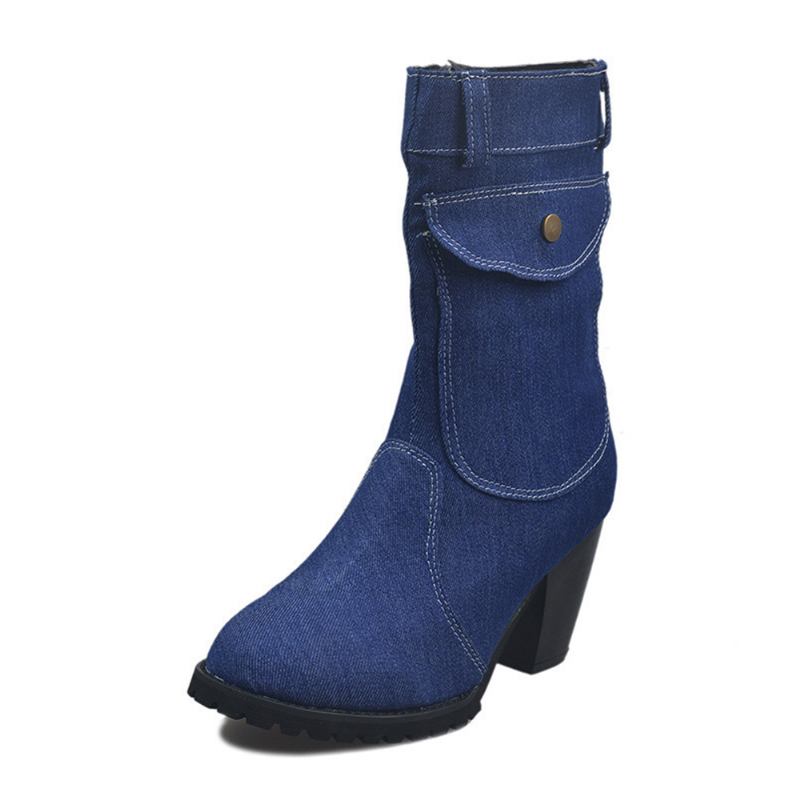 Kvinnor Retro Denim Tyg Sida Zip Bag Dekor Chunky Heel Mid Calf Boots