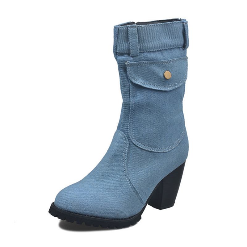 Kvinnor Retro Denim Tyg Sida Zip Bag Dekor Chunky Heel Mid Calf Boots