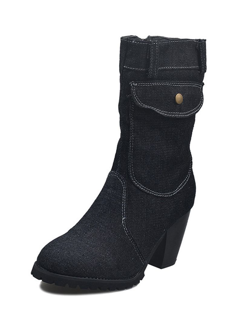 Kvinnor Retro Denim Tyg Sida Zip Bag Dekor Chunky Heel Mid Calf Boots