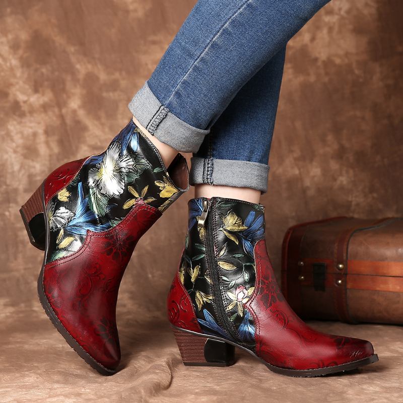 Kvinnor Retro Präglade Blommor Stitching Läder Ankel Boots