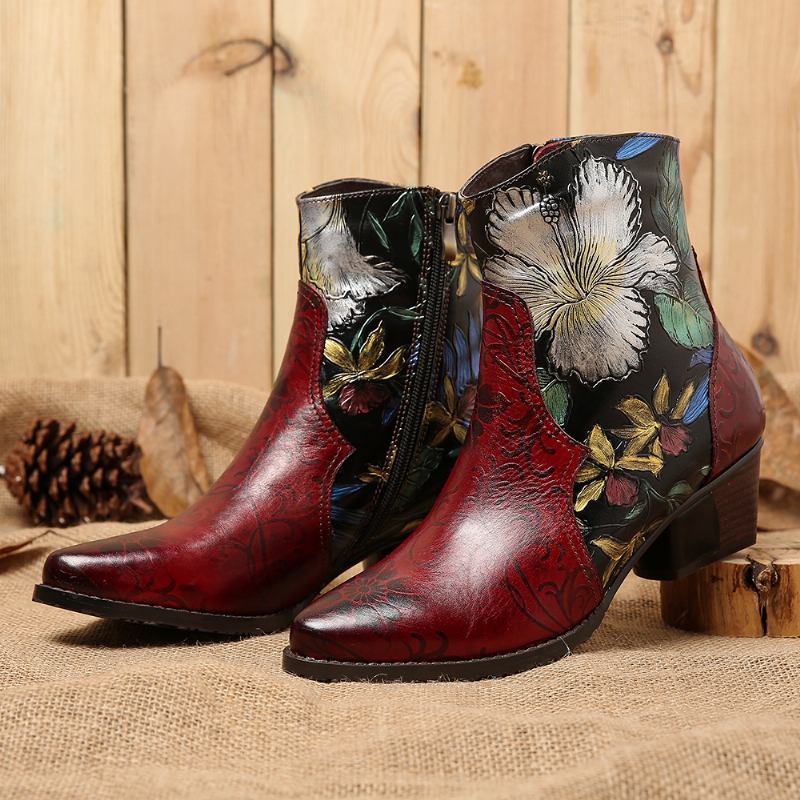 Kvinnor Retro Präglade Blommor Stitching Läder Ankel Boots