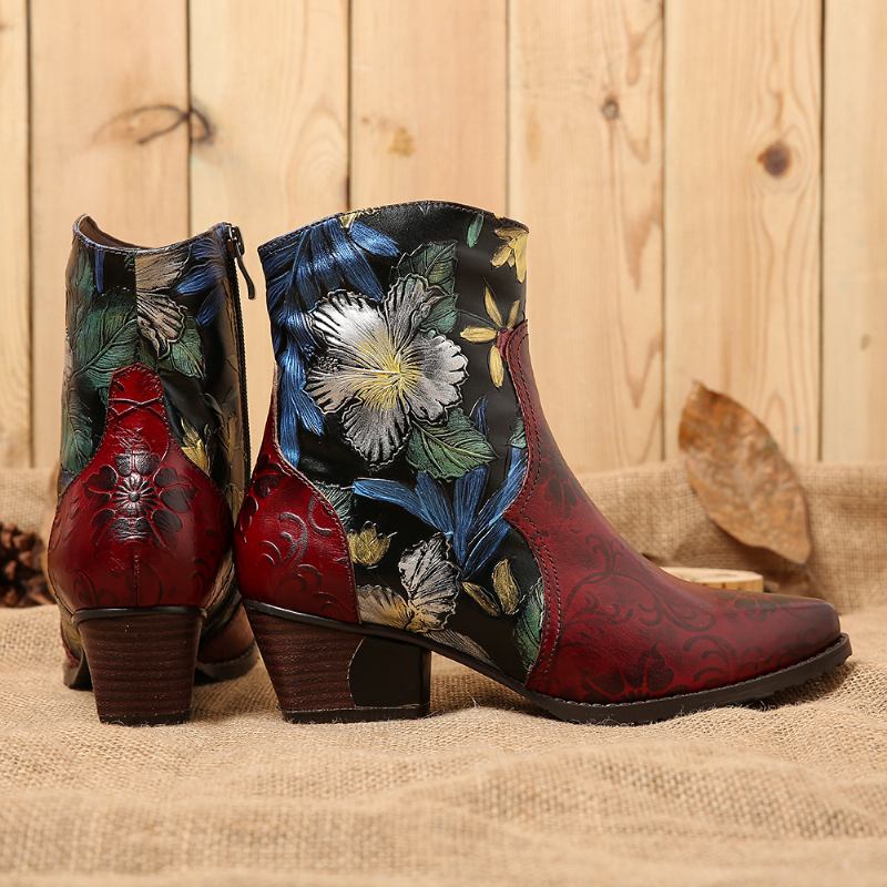 Kvinnor Retro Präglade Blommor Stitching Läder Ankel Boots