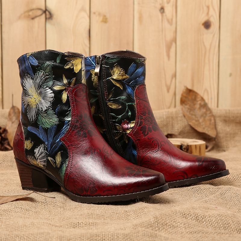 Kvinnor Retro Präglade Blommor Stitching Läder Ankel Boots