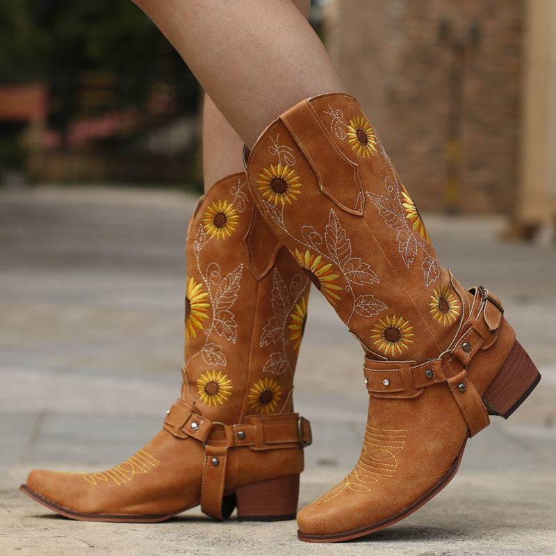 Kvinnor Retro Solrosmönster Spetsad Tå Chunky Heel Sele Cowboy Boots