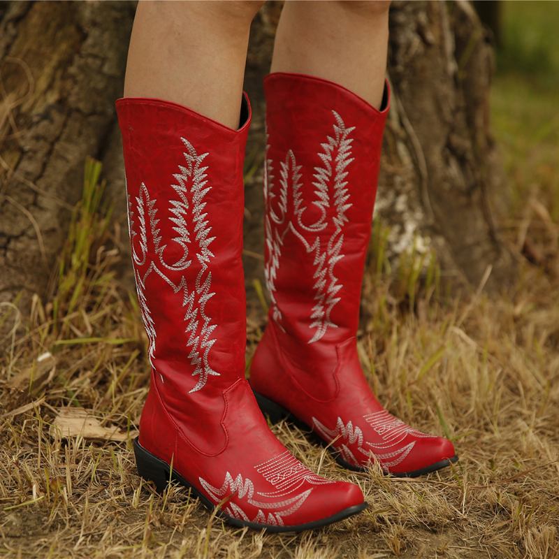 Kvinnor Stor Storlek Retro Spetsad Tå Broderade Chunky Heel Cowboy Boots