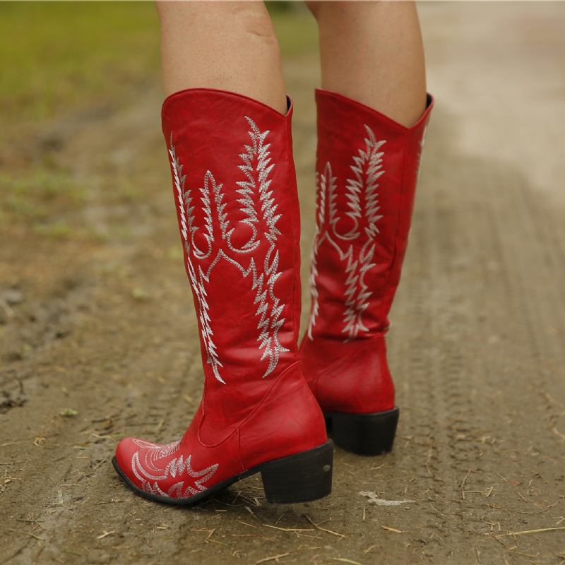 Kvinnor Stor Storlek Retro Spetsad Tå Broderade Chunky Heel Cowboy Boots