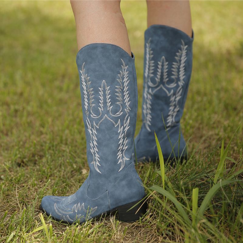 Kvinnor Stor Storlek Retro Spetsad Tå Broderade Chunky Heel Cowboy Boots