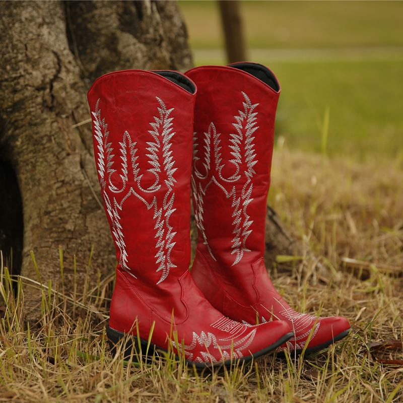 Kvinnor Stor Storlek Retro Spetsad Tå Broderade Chunky Heel Cowboy Boots