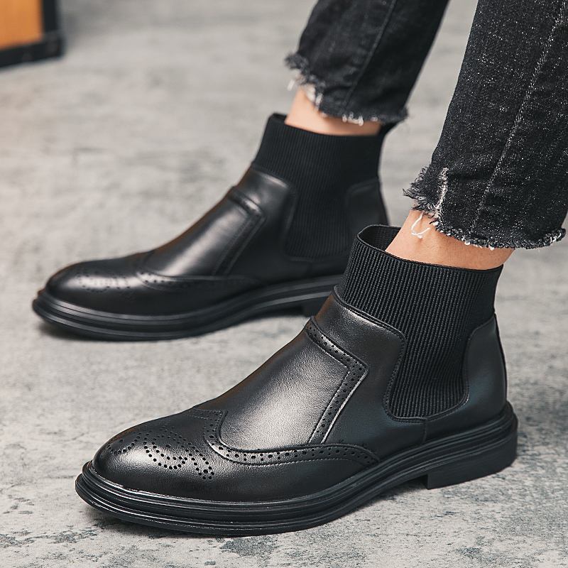 Män Brogue Elastic Slip On Chelsea Boots