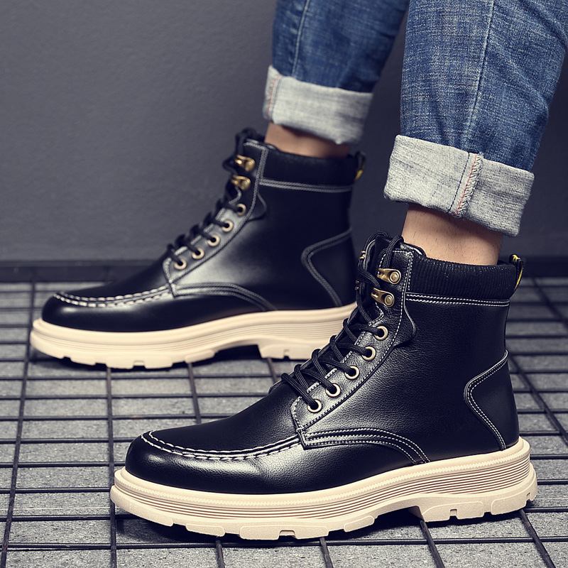 Män Läder Andas Mjuk Sula England Style Ren Färg Casual Martin Boots