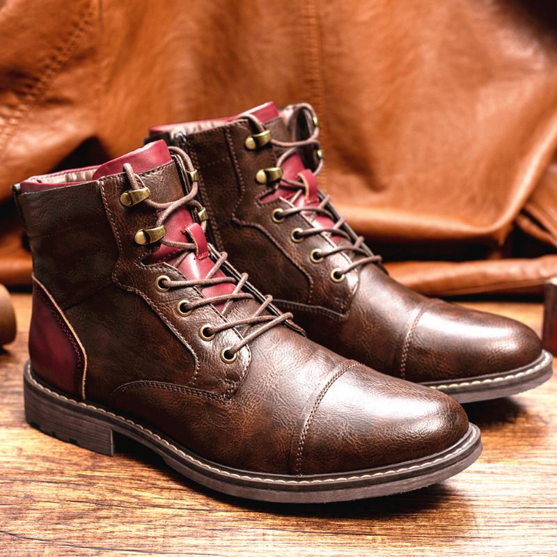 Män Läder Andas Mjuk Sula Vintage Spetsad Dragkedja Casual Martin Boots