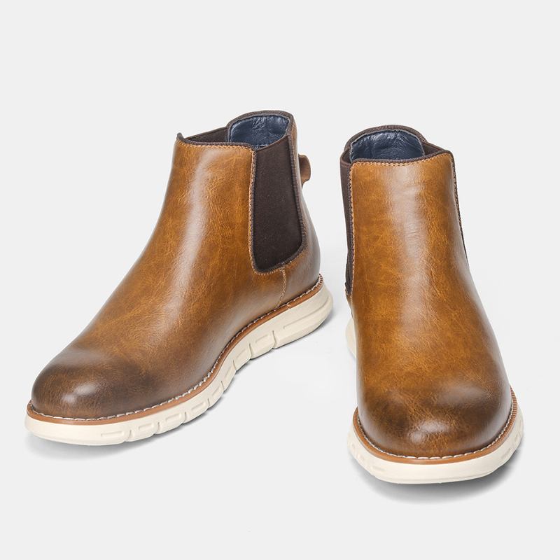 Män Läder Mjuk Sula Rund Tå Slip On Trendiga Chelsea Casual Boots