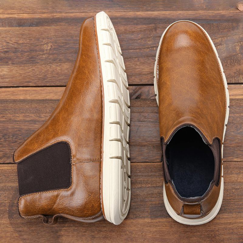 Män Läder Mjuk Sula Rund Tå Slip On Trendiga Chelsea Casual Boots