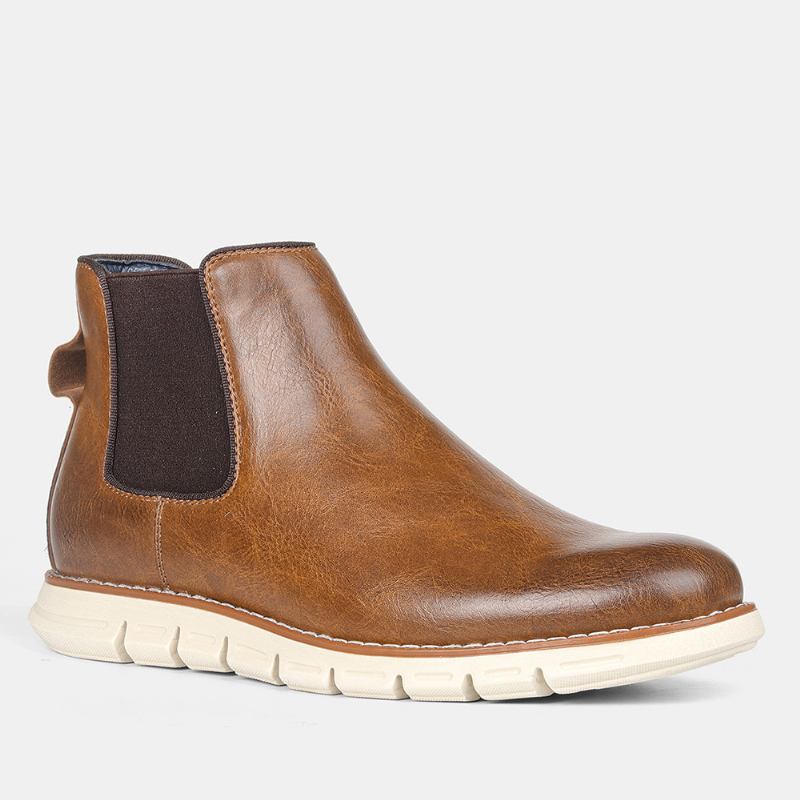 Män Läder Mjuk Sula Rund Tå Slip On Trendiga Chelsea Casual Boots