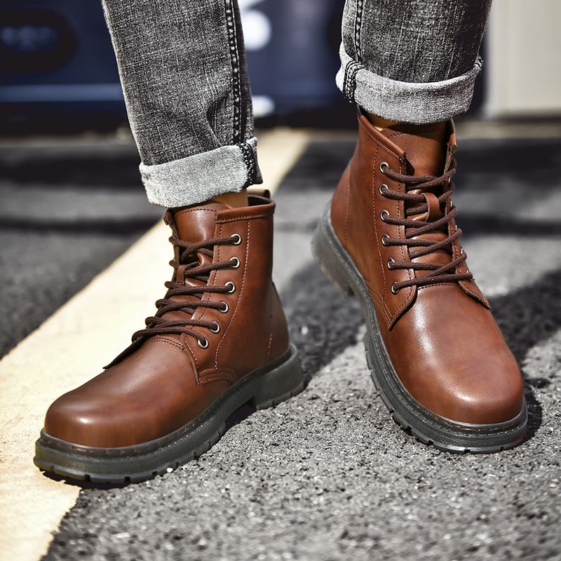 Män Läder Mjuk Sula Rund Tå Vintage England Style Casual Martin Boots