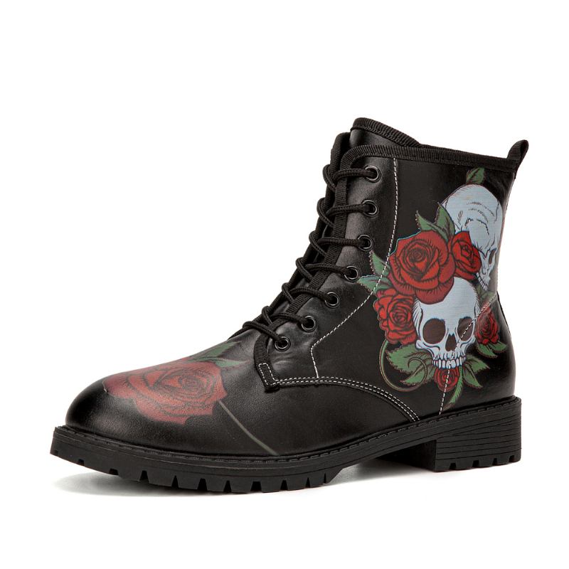 Män Läder Retro Blommig Mjuk Sula Snöra Upp Skalle Utskrift Casual Boots