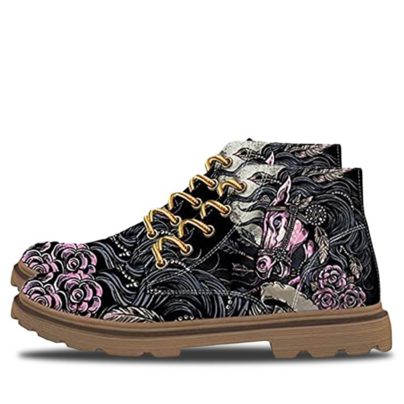 Män Läder Retro Blomstertryck Halkfri Snörning Casual Martin Ankel Boots