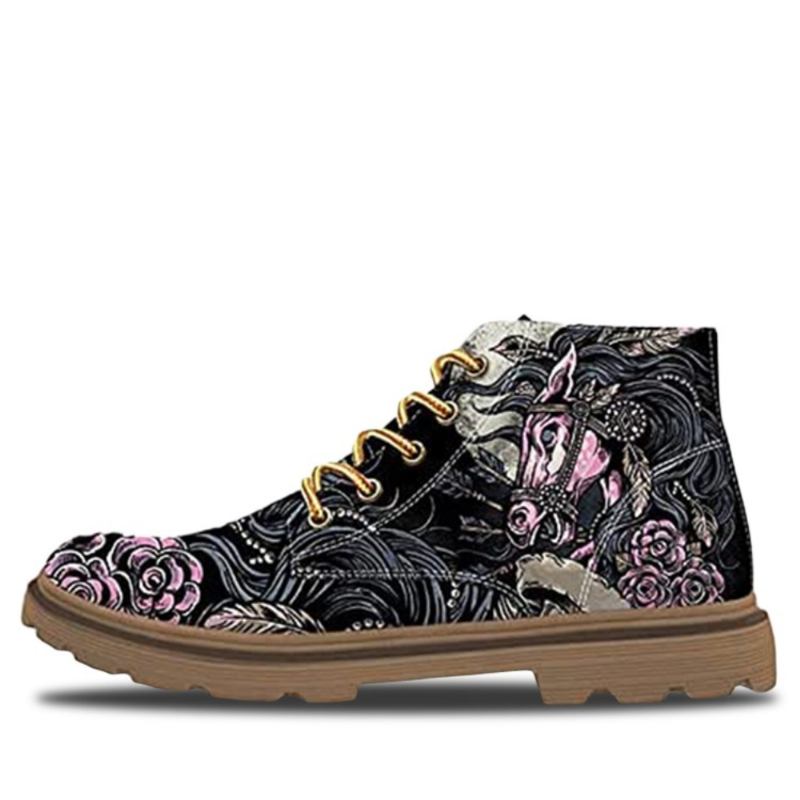 Män Läder Retro Blomstertryck Halkfri Snörning Casual Martin Ankel Boots