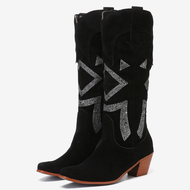 Plus Size Dam Mocka Rhinestone Chunky Heel Knä Cowboy Boots