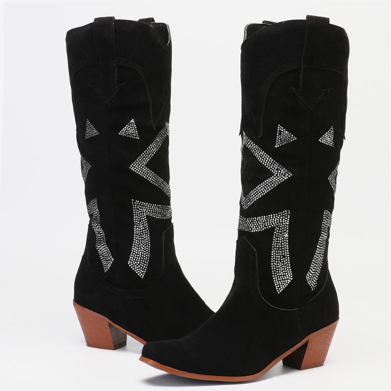 Plus Size Dam Mocka Rhinestone Chunky Heel Knä Cowboy Boots