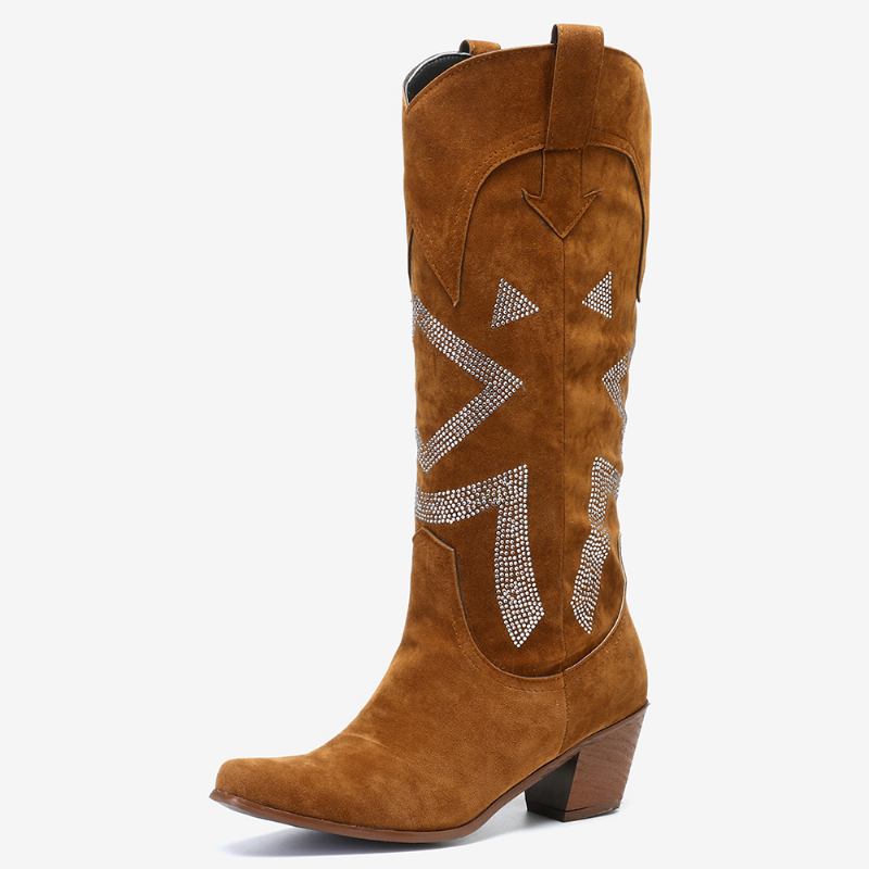 Plus Size Dam Mocka Rhinestone Chunky Heel Knä Cowboy Boots