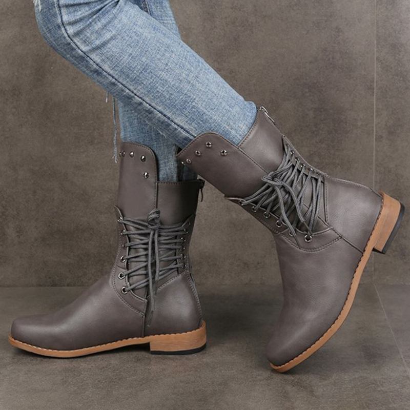 Plus Size Dam Retro Nit Cross Strap Back Dragkedja Mid Calf Boots