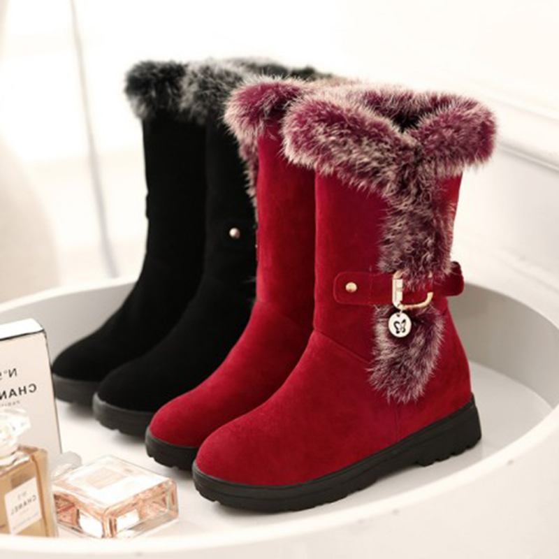 Plus Size Dam Vinter Plysch Foder Spänne Dekor Ökad Häl Snow Boots