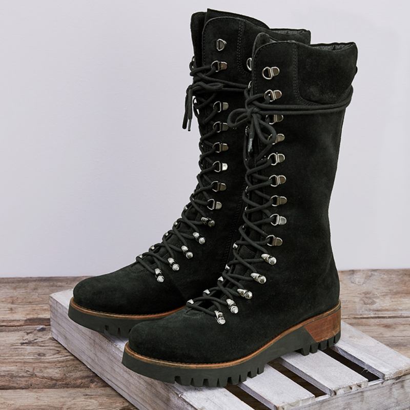 Plus Size Kvinnor Bärbara Mocka Sido Zipper Mid Calf Combat Boots