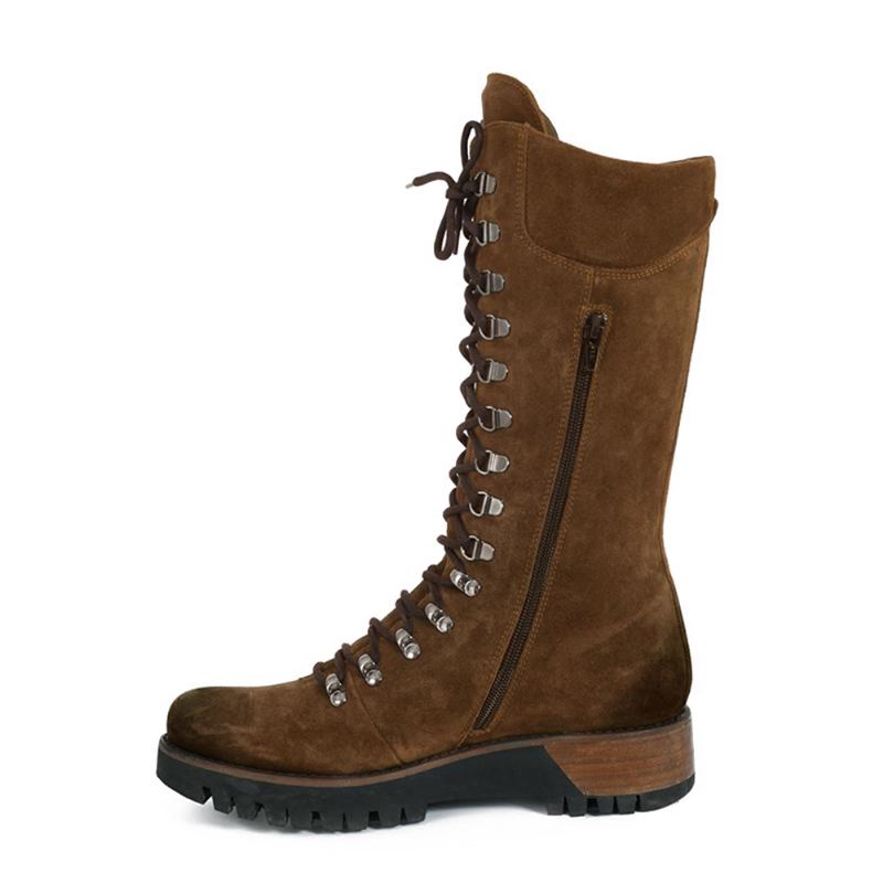 Plus Size Kvinnor Bärbara Mocka Sido Zipper Mid Calf Combat Boots