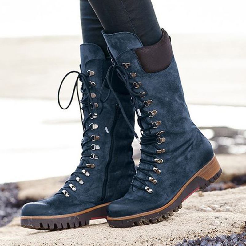 Plus Size Kvinnor Bärbara Mocka Sido Zipper Mid Calf Combat Boots